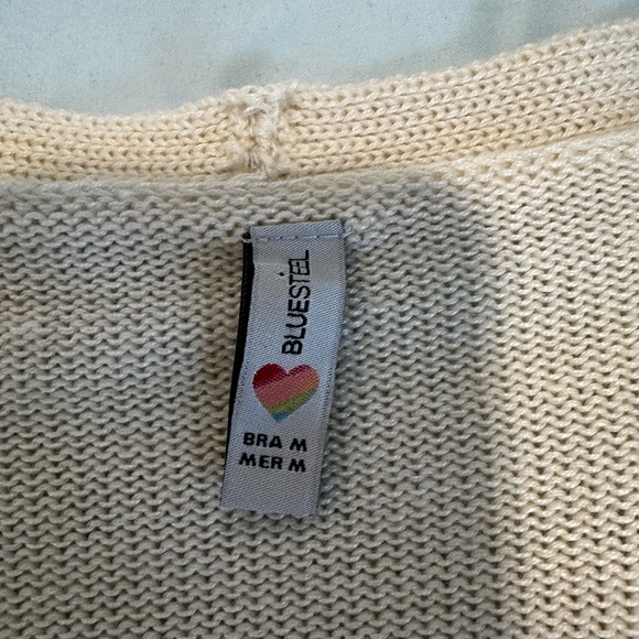 Blue Steel Medium Cream Open Knit Button cardigan w/ Orange Embroidered Hearts. - Picture 6 of 11